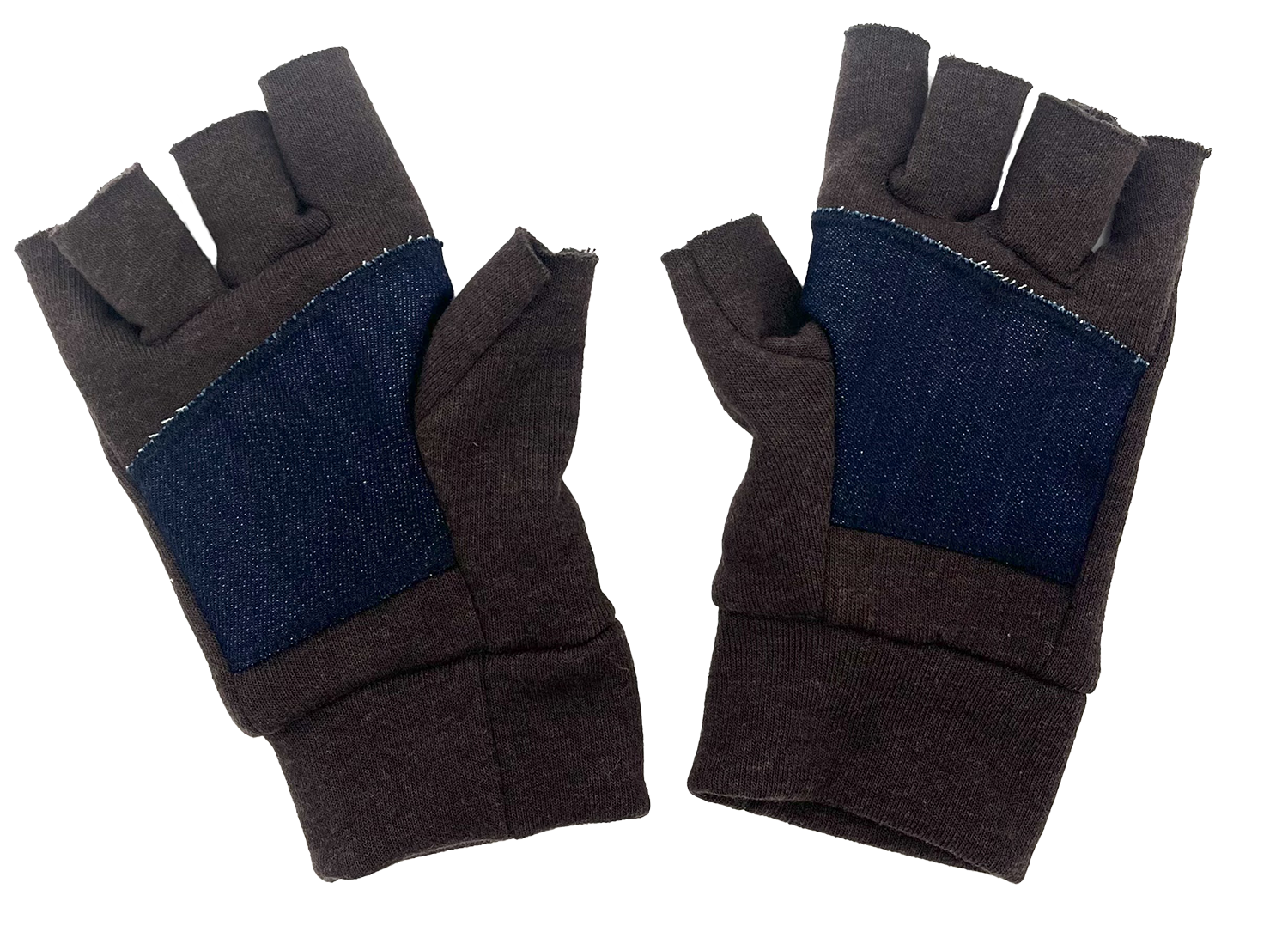Pair of brown gloves with denim palm on a white background
