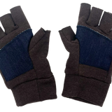 Pair of brown gloves with denim palm on a white background