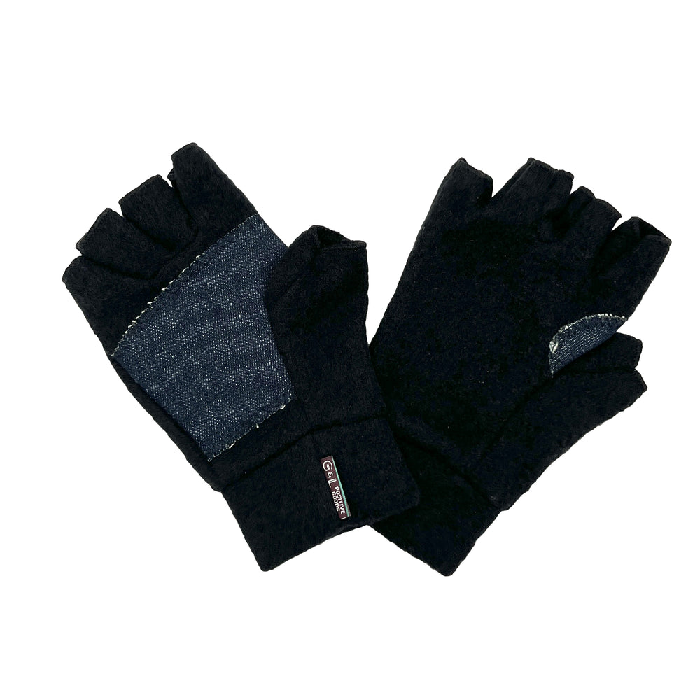 Jet Black Nomad Fingerless Gloves front and back view made from recycled cotton