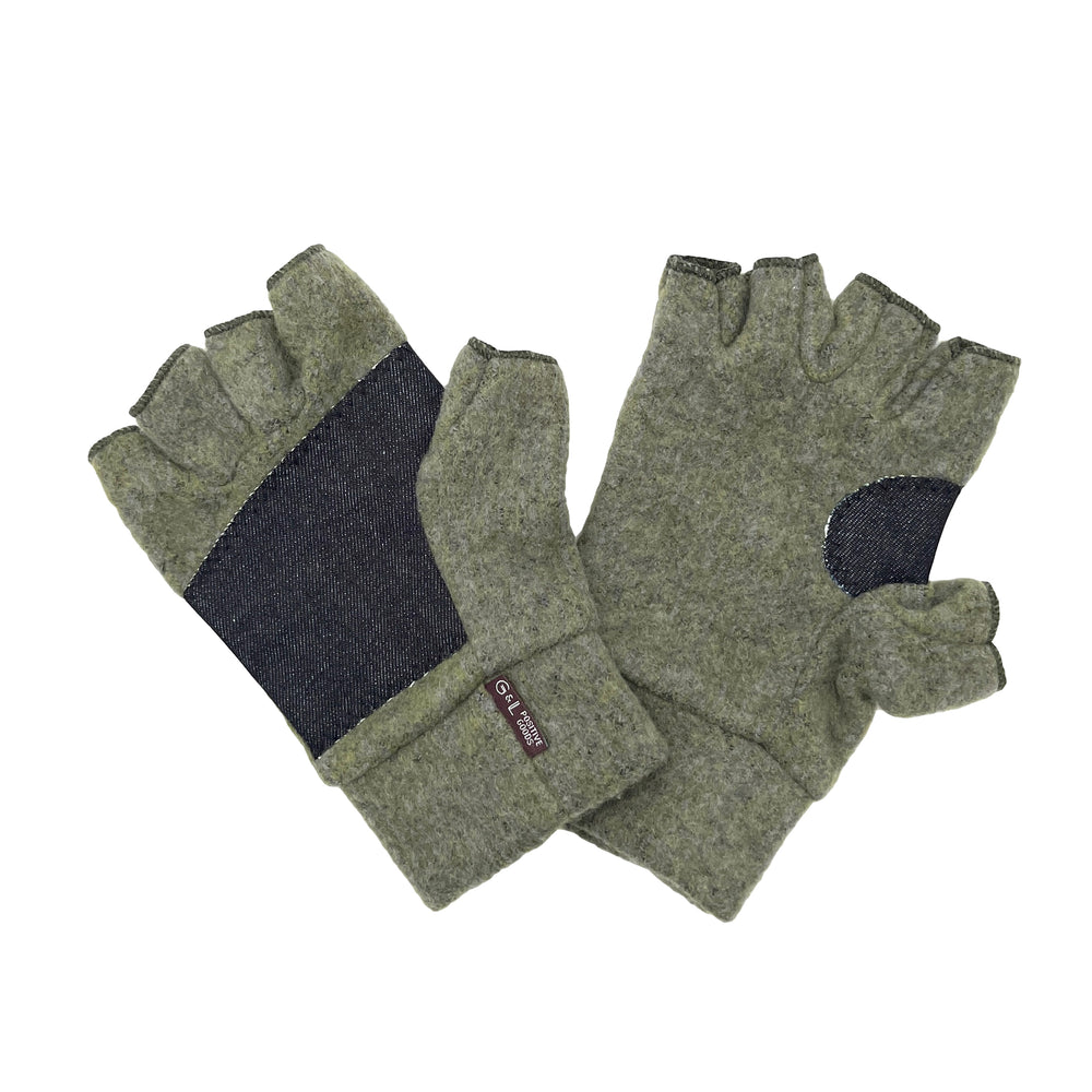 Sage colored Nomad Fingerless Gloves front and back view made from recycled cotton