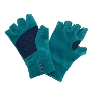 Aquamarine Nomad Fingerless Gloves front and back view – recycled polar fleece for men and women.