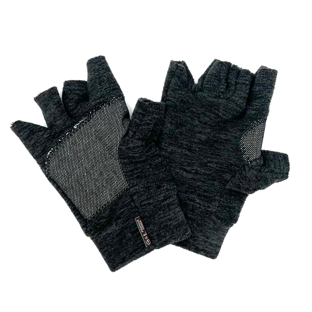 Black Nomad Fingerless Gloves front and back view – recycled polar fleece for men and women.