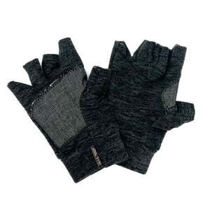 Black Nomad Fingerless Gloves front and back view – recycled polar fleece for men and women.