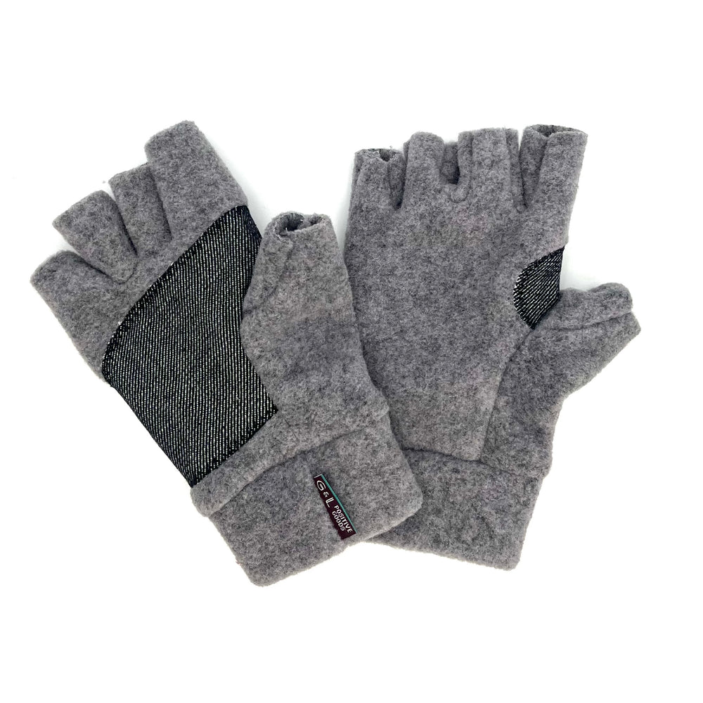 Grey Marl Nomad Fingerless Gloves front and back view – recycled polar fleece for men and women.