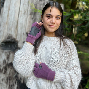 Nomad Fingerless Gloves in plum wine color worn by female model – cozy winter accessories