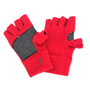 Rouge Nomad Fingerless Gloves front and back view – recycled polar fleece for men and women.