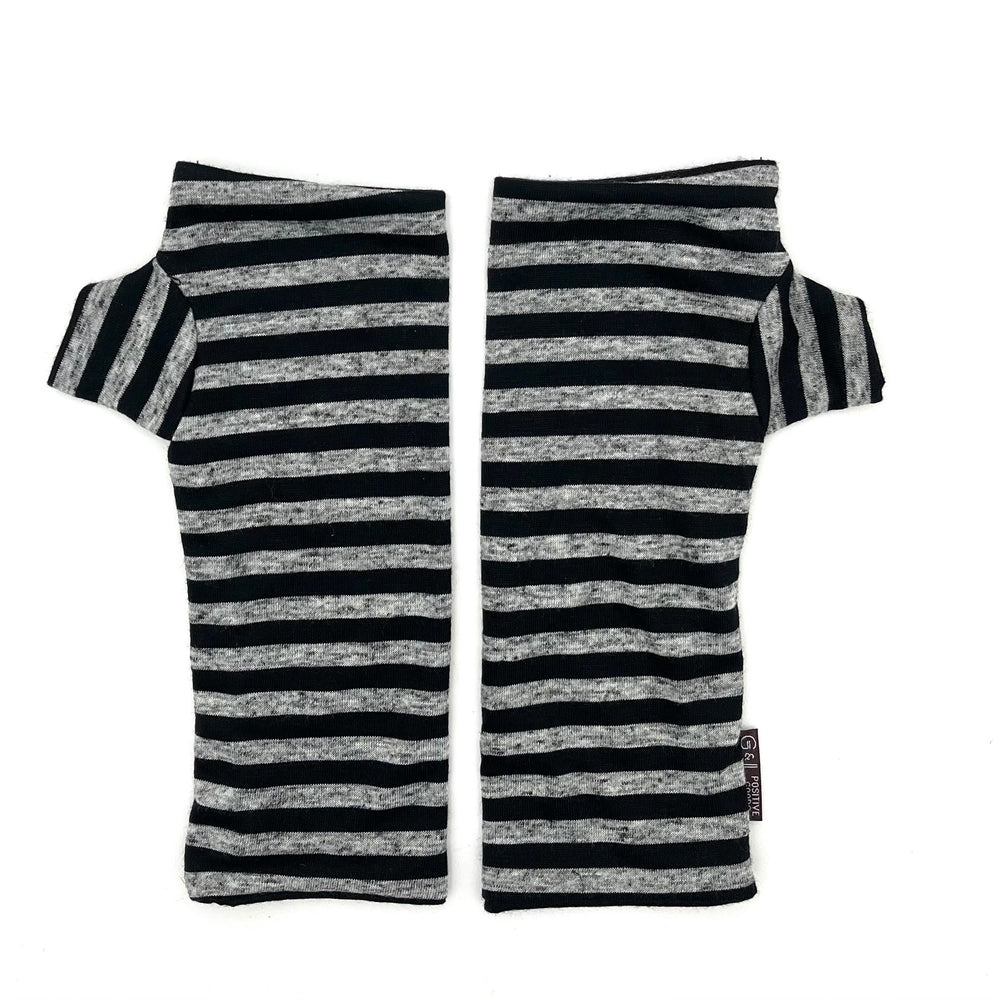 Pacifica Wrist Warmers in black, heather grey stripe color way – upcycled fingerless gloves front view