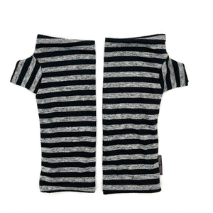 Pacifica Wrist Warmers in black, heather grey stripe color way – upcycled fingerless gloves front view