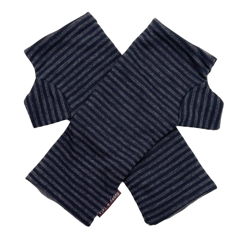Pacifica Wrist Warmers in black, dark grey stripe color way – upcycled fingerless gloves front view