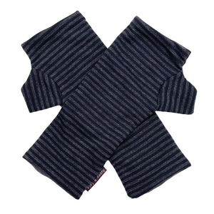 Pacifica Wrist Warmers in black, dark grey stripe color way – upcycled fingerless gloves front view