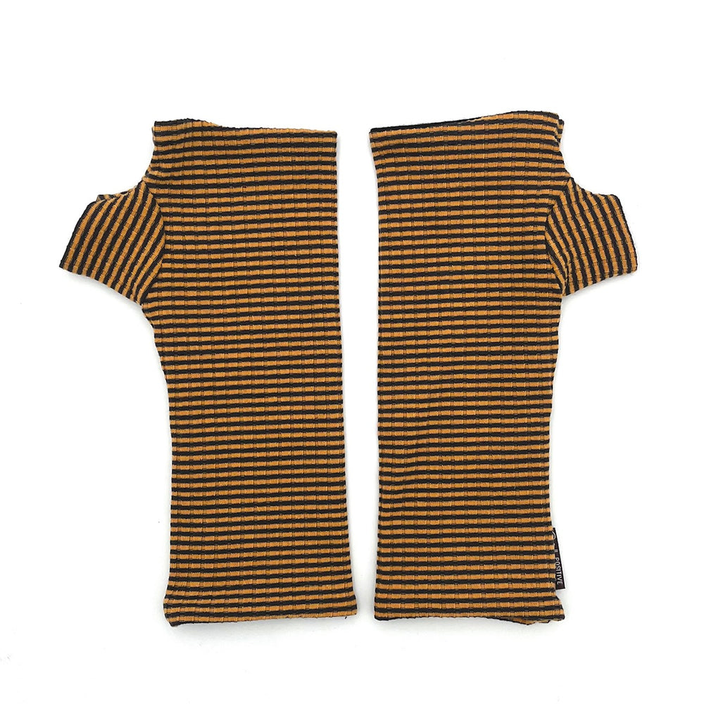 Pacifica Wrist Warmers in black stripe and mango yellow orange color way – upcycled fingerless gloves front view