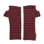 Pacifica Wrist Warmers in pink orange burgundy goji berry, black stripe color way – upcycled fingerless gloves front view