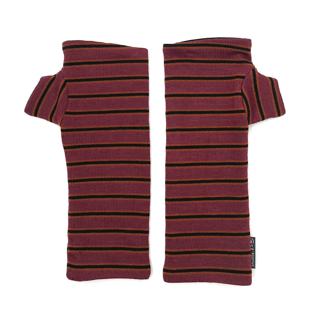 Pacifica Wrist Warmers in pink orange burgundy goji berry, black stripe color way – upcycled fingerless gloves front view