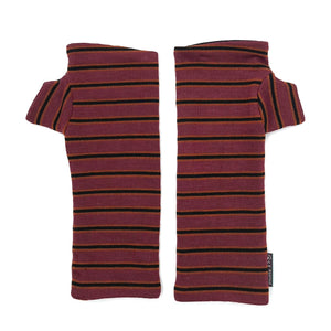 Pacifica Wrist Warmers in pink orange burgundy goji berry, black stripe color way – upcycled fingerless gloves front view