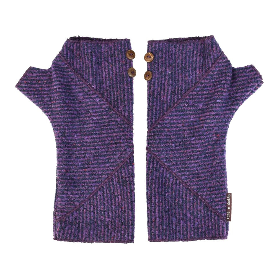 Phoenix Wrist Warmers in black purple colors – Striped Fingerless Gloves made from recycled cotton blend – Front View