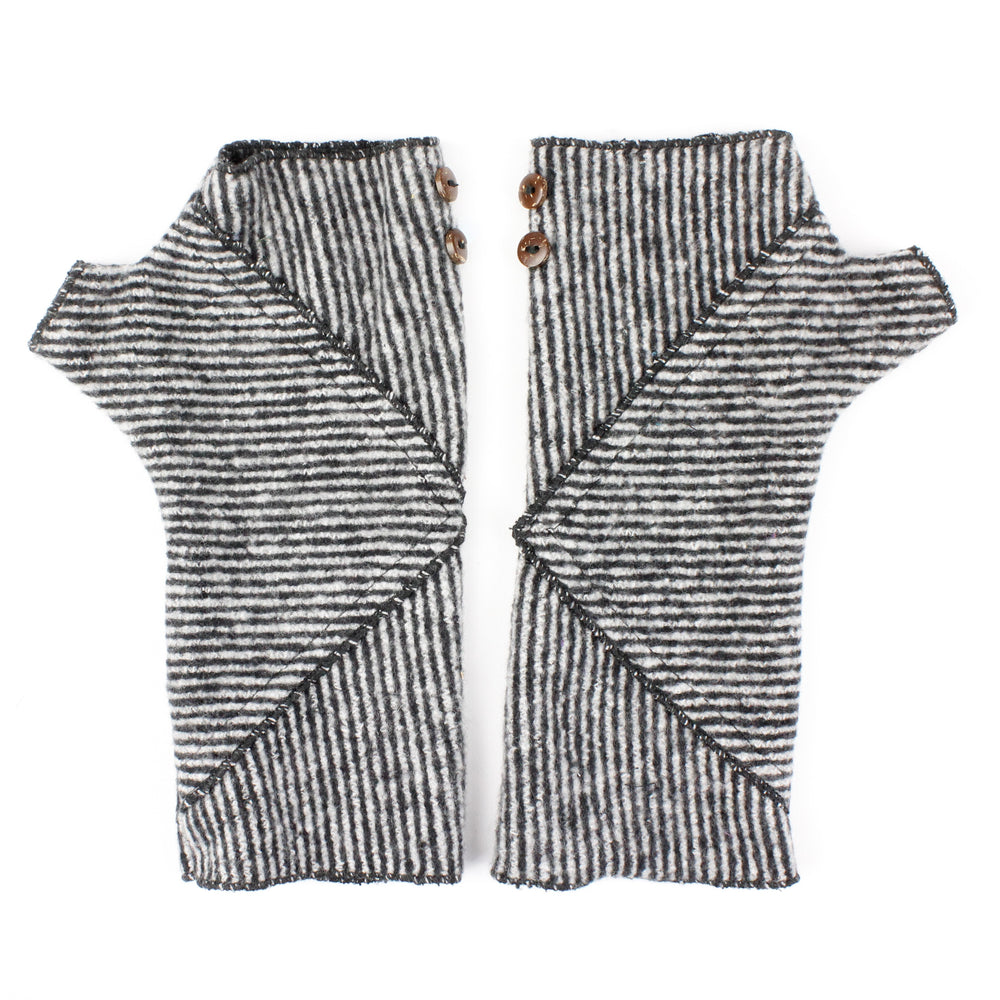 Phoenix Wrist Warmers in black white colors – Striped Fingerless Gloves made from recycled cotton blend – Front View
