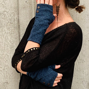 Phoenix Wrist Warmers in marine blue color way – Profile of female model wearing recycled gloves