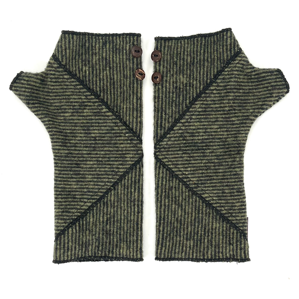 Phoenix Wrist Warmers in black and green colors – Striped Fingerless Gloves made from recycled cotton blend – Front View