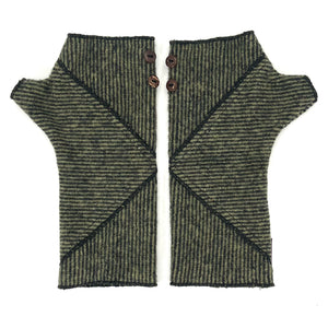 Phoenix Wrist Warmers in black and green colors – Striped Fingerless Gloves made from recycled cotton blend – Front View
