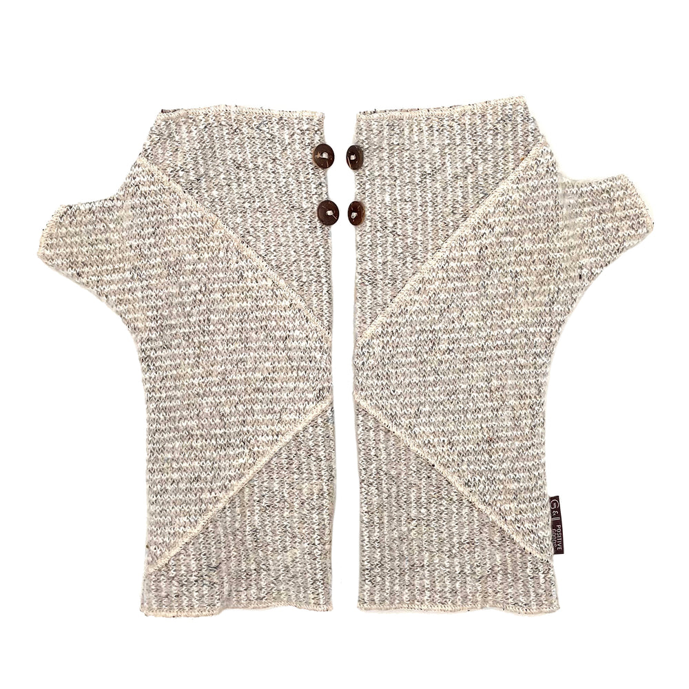 Phoenix Wrist Warmers in white beige linen colors – Striped Fingerless Gloves made from recycled cotton blend – Front View