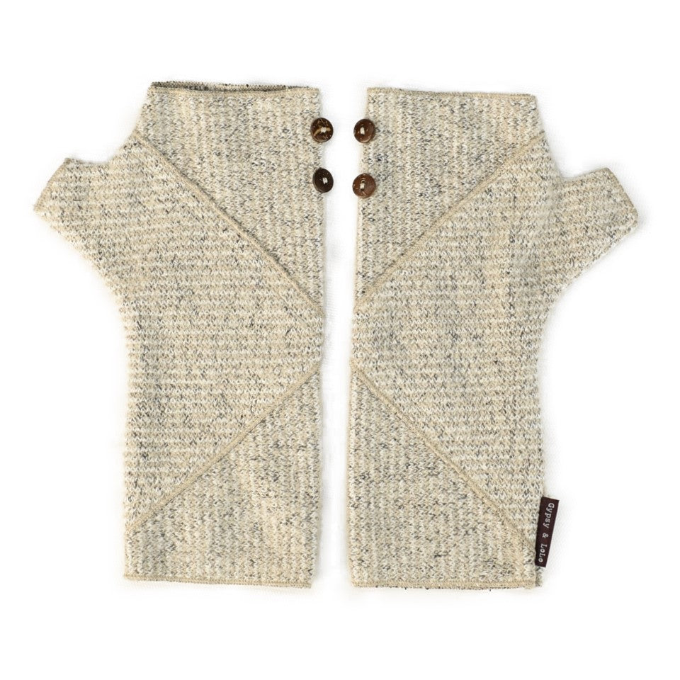 Phoenix Wrist Warmers in offwhite beigecolors – Striped Fingerless Gloves made from recycled cotton blend – Front View