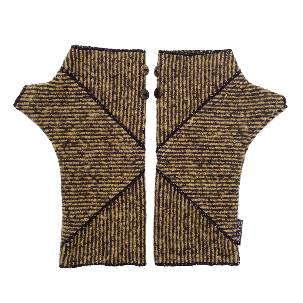 Phoenix Wrist Warmers in black and gold colors – Striped Fingerless Gloves made from recycled cotton blend – Front View
