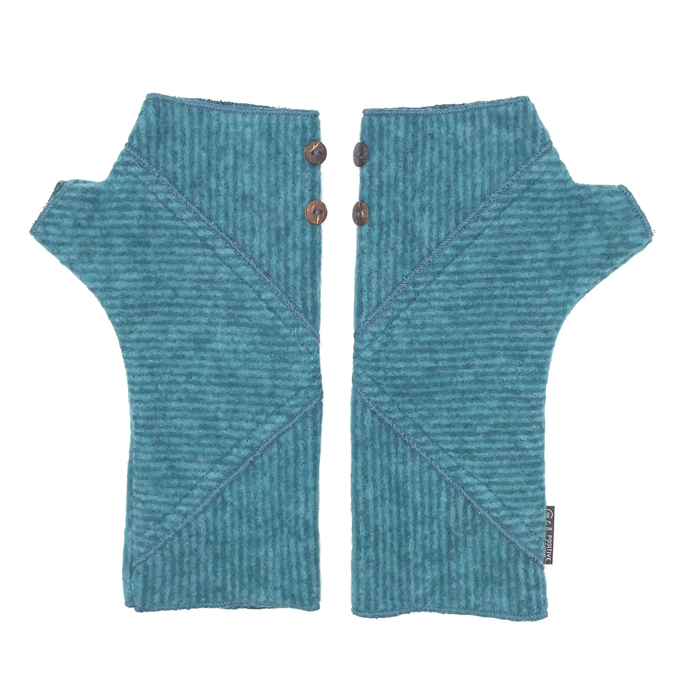 Phoenix Wrist Warmers in sapphire blue green colors – Striped Fingerless Gloves made from recycled cotton blend – Front View