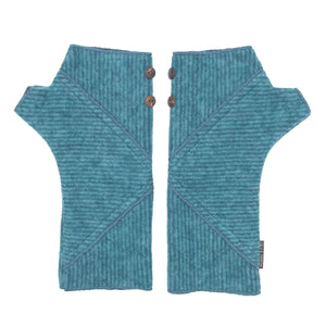 Phoenix Wrist Warmers in sapphire blue green colors – Striped Fingerless Gloves made from recycled cotton blend – Front View