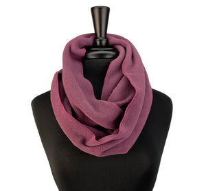 Polar Loop Scarf in plum wine color on mannequin, front view made with recycled Polartec fleece