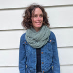 Raina Loop Scarf, Penny Royal, on female model – wide, cozy scarf made in the USA