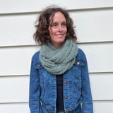 Raina Loop Scarf, Penny Royal, on female model – wide, cozy scarf made in the USA