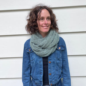 Raina Loop Scarf, Penny Royal, on female model – wide, cozy scarf made in the USA
