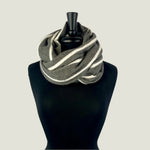 Raina Infinity Loop Scarf, Grey Stripe Color, front view on mannequin– upcycled knit scarf for men and women