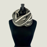 Raina Infinity Loop Scarf, Grey Stripe Color, front view on mannequin– upcycled knit scarf for men and women