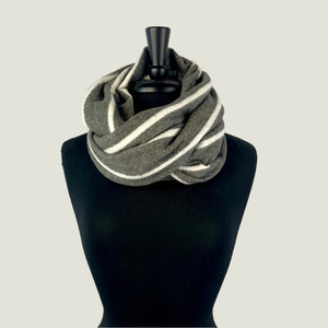 Raina Infinity Loop Scarf, Grey Stripe Color, front view on mannequin– upcycled knit scarf for men and women