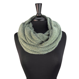 Raina Infinity Loop Scarf, Penny Royal Color, front view on mannequin– upcycled knit scarf for men and women