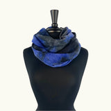 Raina Infinity Loop Scarf, Tie Dye Color, front view on mannequin– upcycled knit scarf for men and women