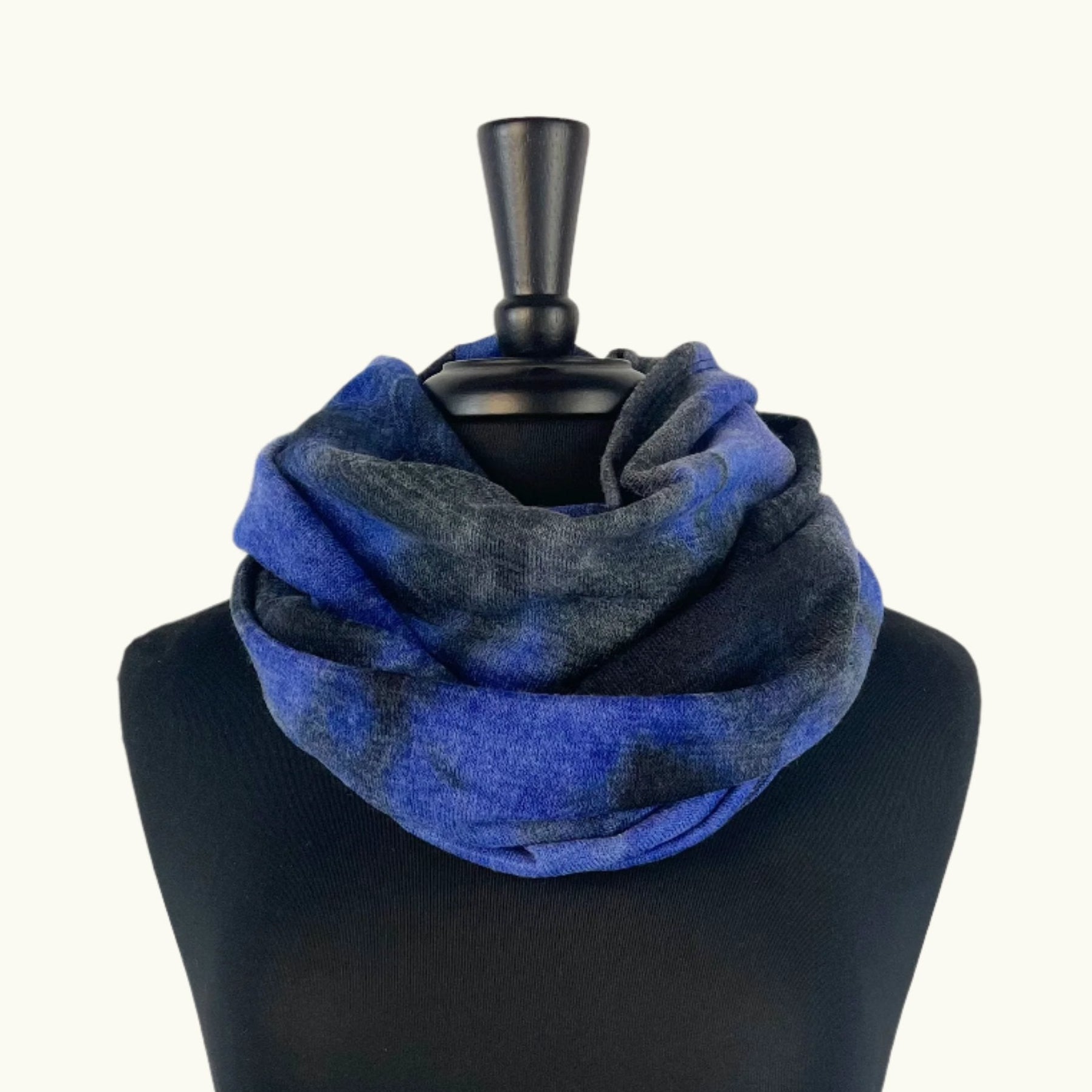 Raina Infinity Loop Scarf, Tie Dye Color, front view on mannequin– upcycled knit scarf for men and women