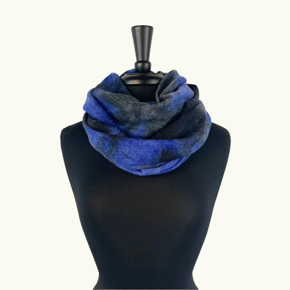 Raina Infinity Loop Scarf, Tie Dye Color, front view on mannequin– upcycled knit scarf for men and women