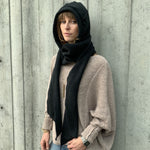 Sasha Scarf with Hood in Limousine color way – modeled by woman in eco fashion