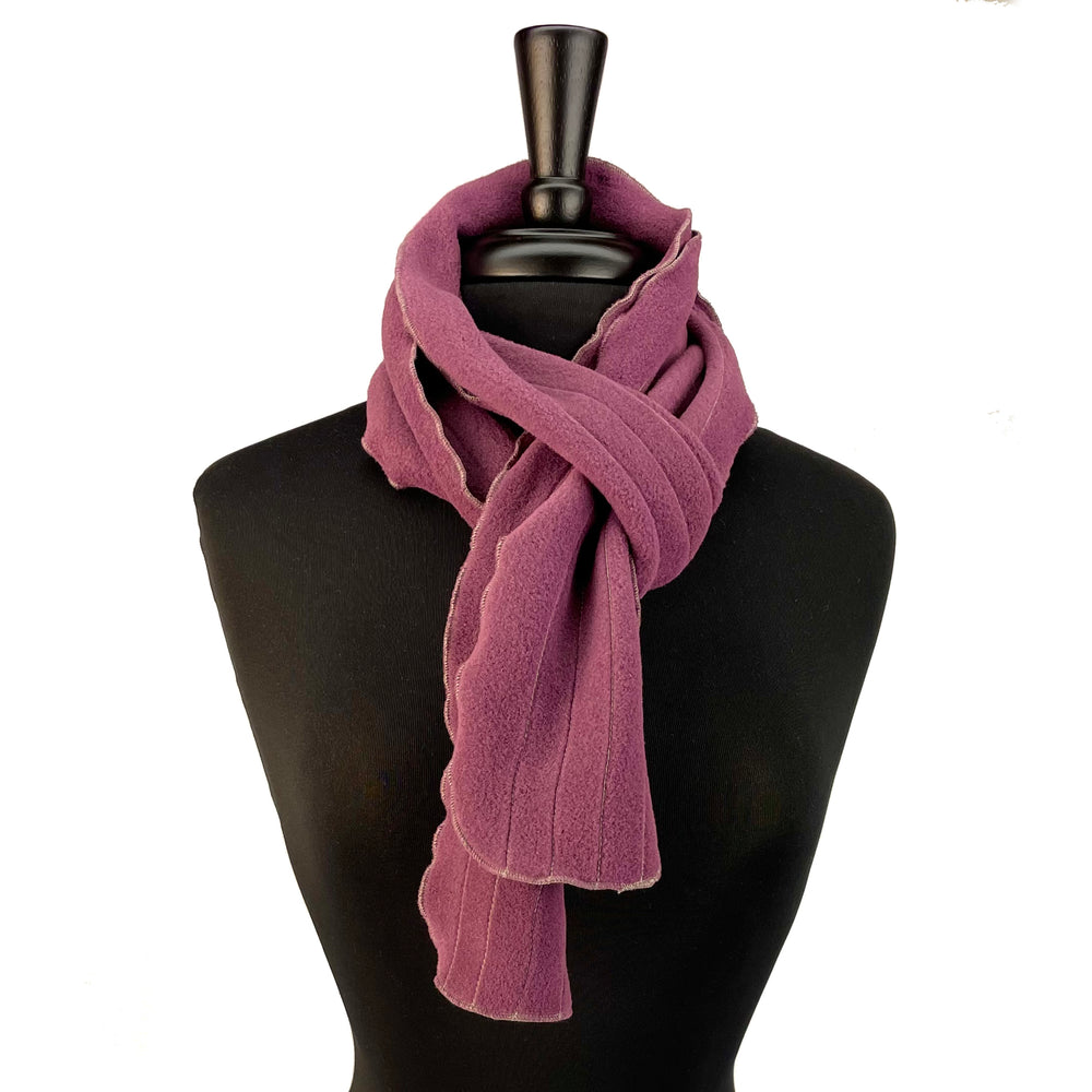 Satori Fleece Scarf – Recycled Polartec, front view of plum wine color with lettuce edge