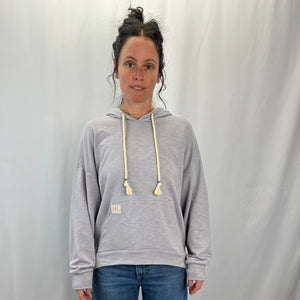 Sea Breeze Lilac Hoodie female model showing front view – lightweight upcycled cotton blend women's hoodie