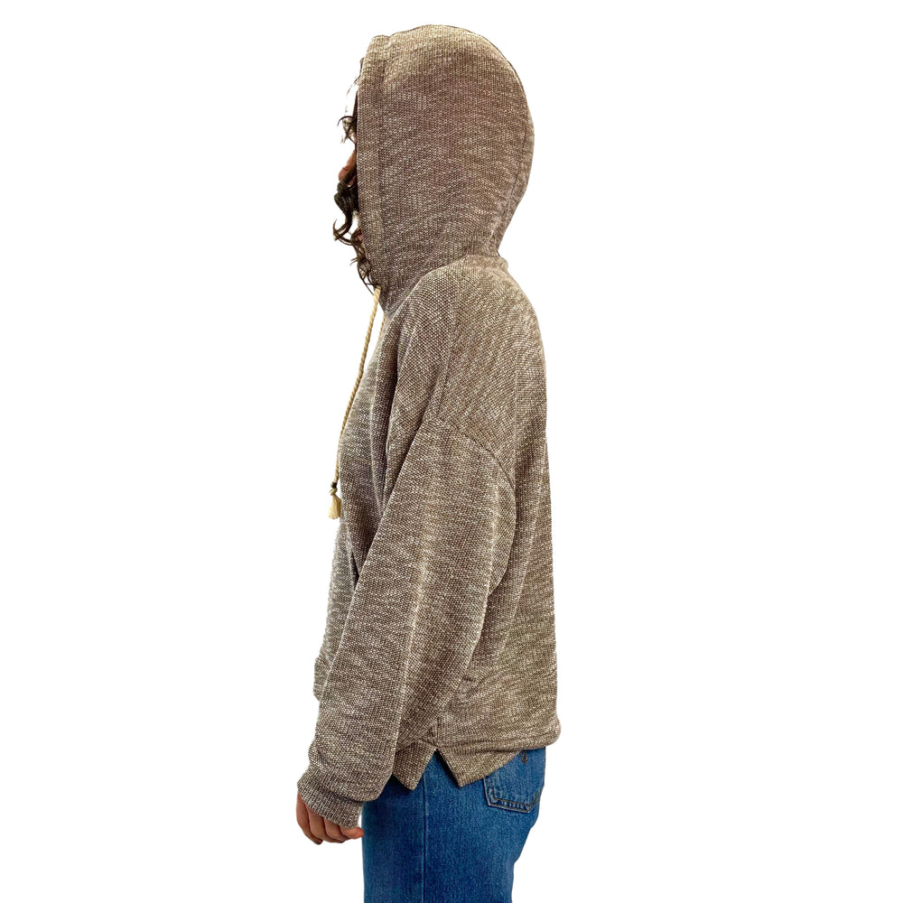 Sea Breeze Hoodie in Pine Cone – profile angle showing relaxed fit, hood up.