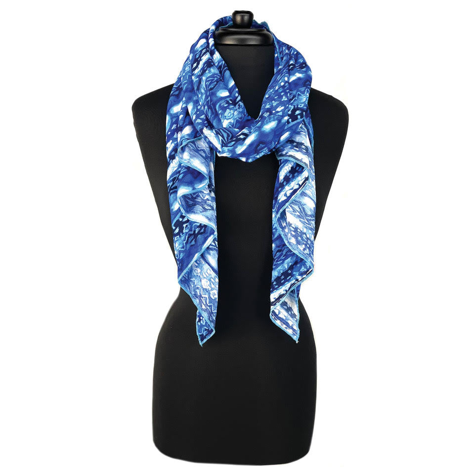 Skyla Scarf blue color way, front view – lightweight eco-friendly upcycled cotton rayon scarf