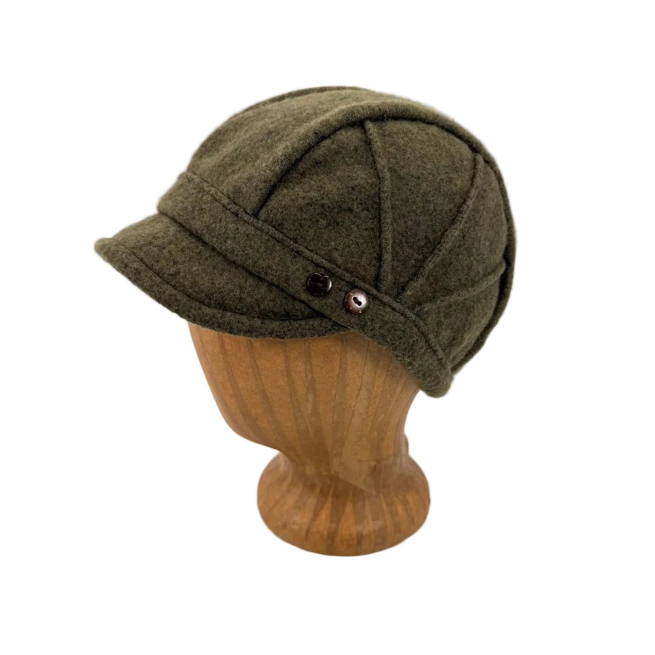 An olive green wool cap with a curved visor and decorative buttons, displayed on a wooden mannequin head against a white background.
