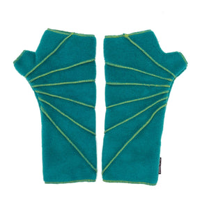 Sunray Wrist Warmers fleece in aquamarine colorway front and back view – recycled Polartec wrist warmers