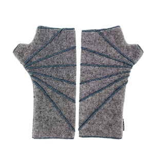 Sunray Wrist Warmers fleece in gray heather colorway front and back view – recycled Polartec wrist warmers
