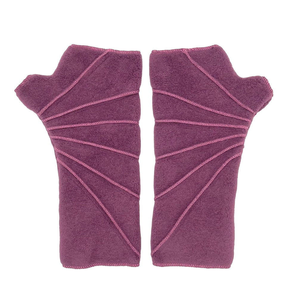 Sunray Wrist Warmers fleece in plum wine colorway front and back view – recycled Polartec wrist warmers