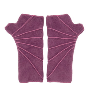 Sunray Wrist Warmers fleece in plum wine colorway front and back view – recycled Polartec wrist warmers