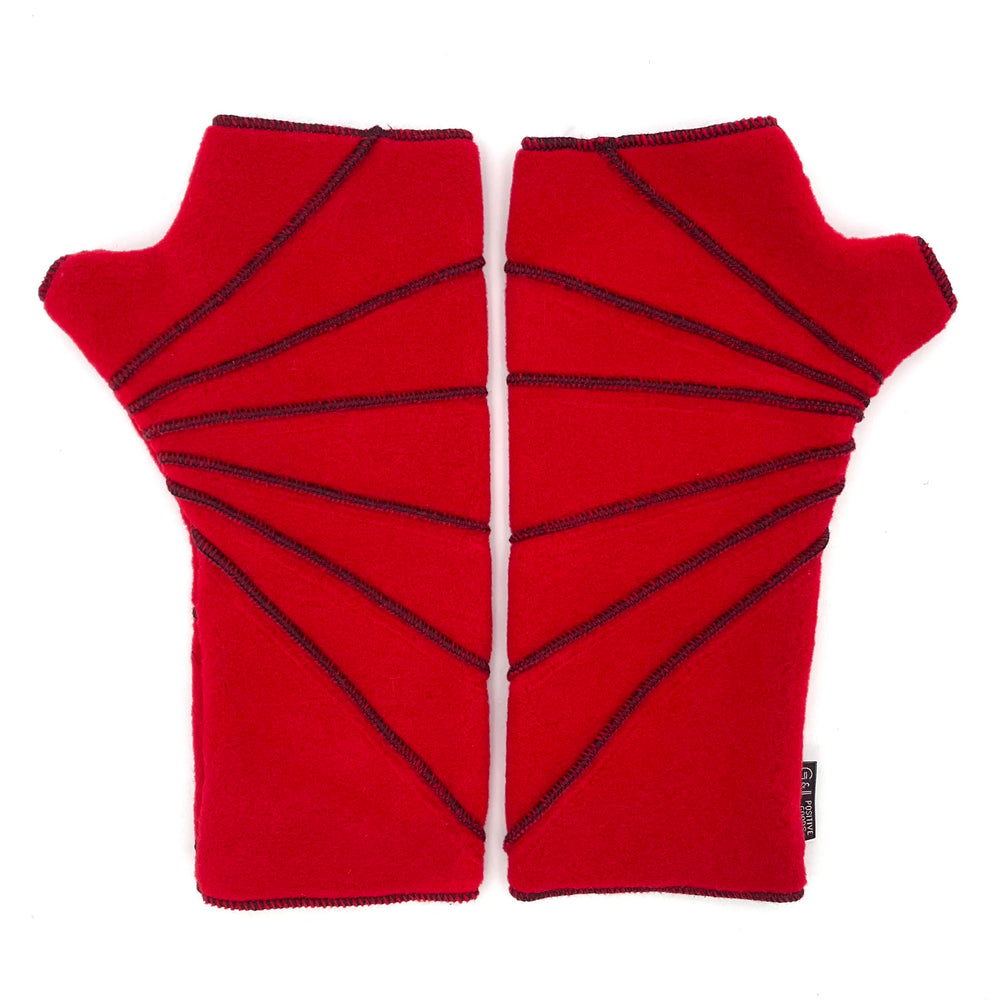Sunray Wrist Warmers fleece in red rouge colorway front and back view – recycled Polartec wrist warmers